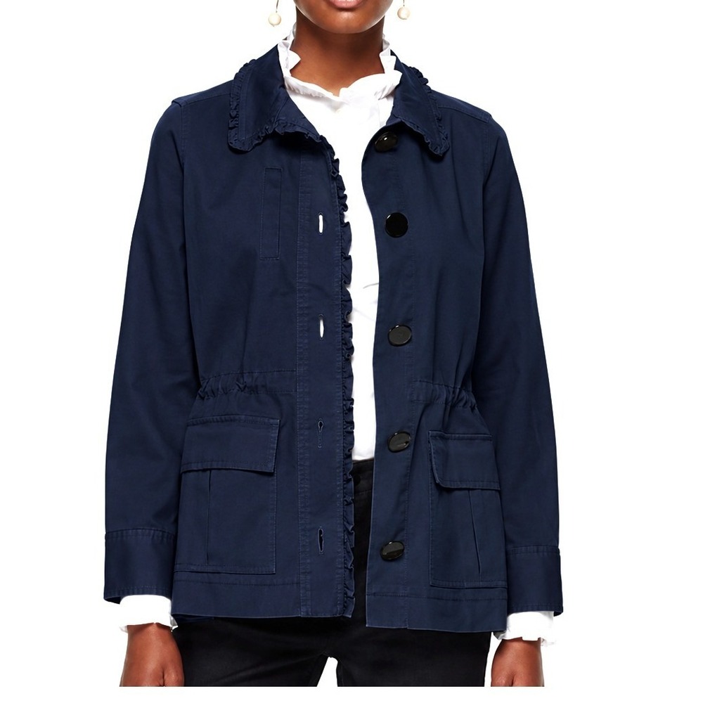 Kate Spade Broome Street Navy Blue Ruffle Trim Velvet Bow Field Jacket Preppy XS